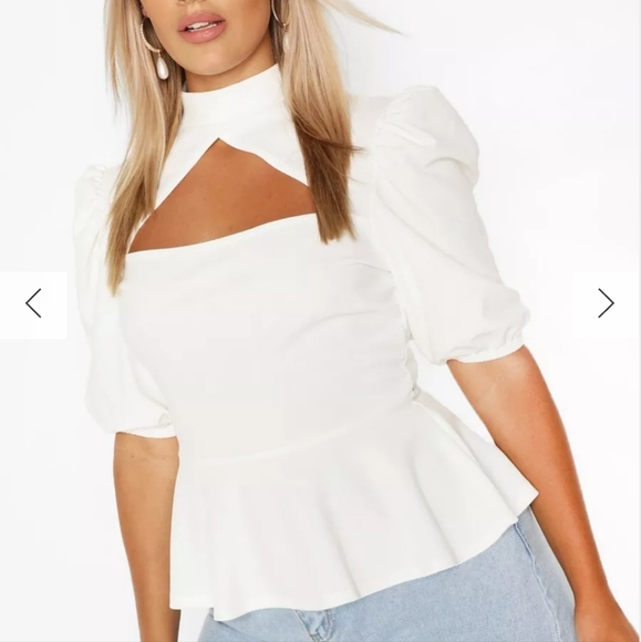 Boohoo Plus Tops - Boohoo | choker cut out puff sleeve peplum top white